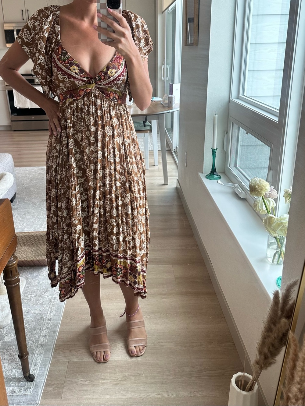 Boho Brown Floral Maxi Dress – Flutter Sleeve, Empire Waist, Midi/Maxi